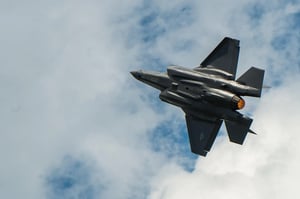 Fighter jet flying leftward through the frame on a cloudy sky