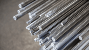 Small diameter solid steel bars sitting in a warehouse pan